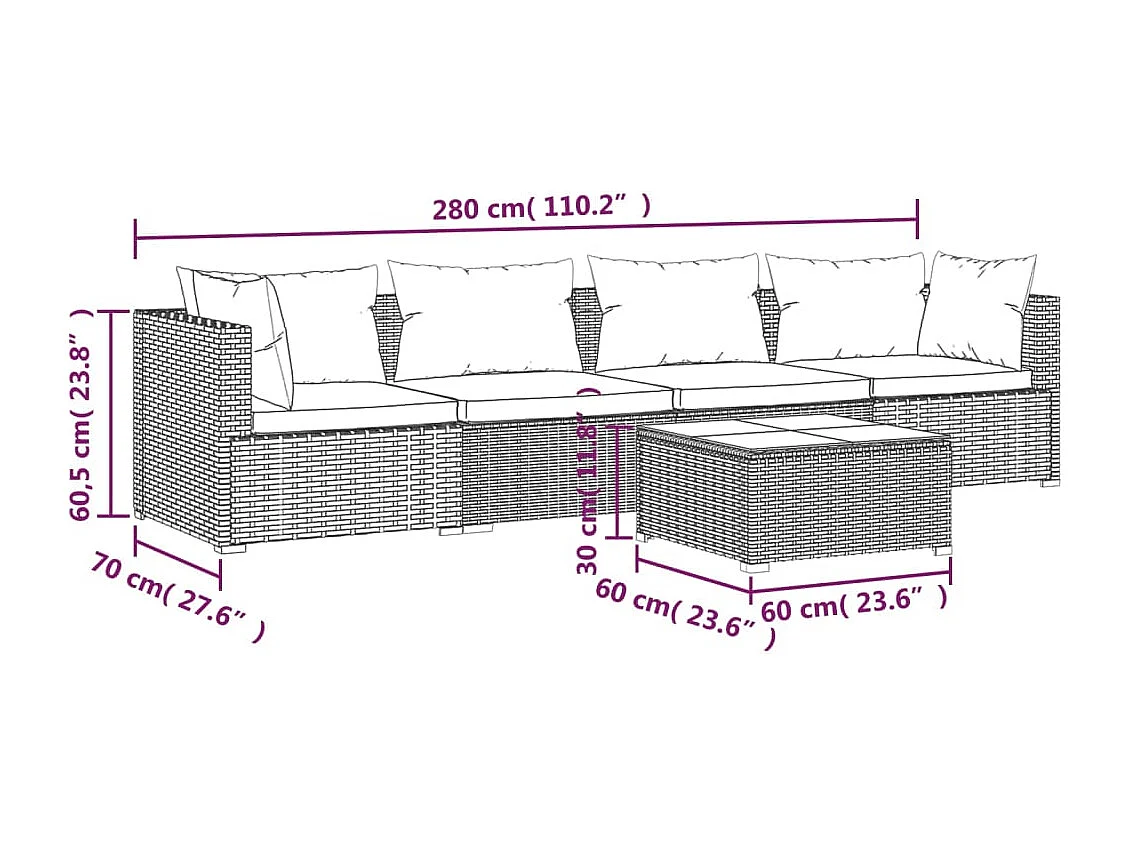 Set Divani da Giardino 5 pz con Cuscini in Polyrattan Grigio