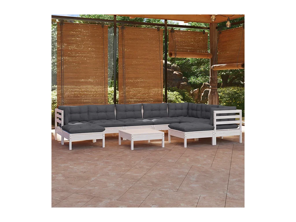 Salon de jardin 10 pcs avec coussins blanc bois de pin massif