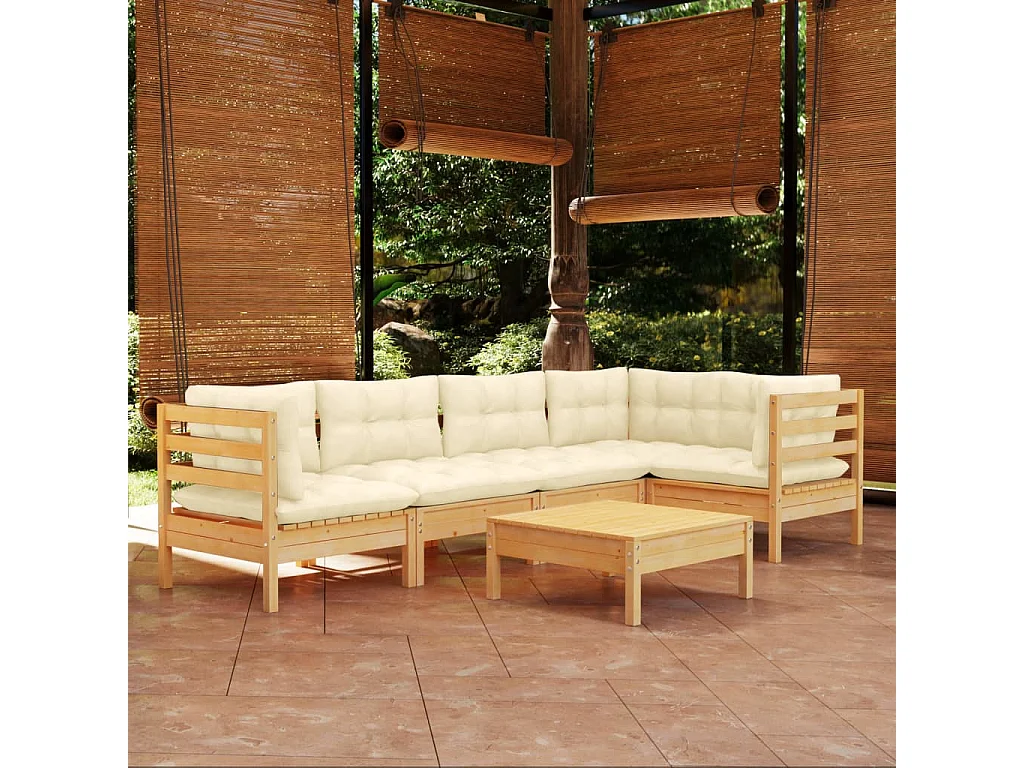 6-tlg. Garten-Lounge-Set mit Creme Kissen Kiefernholz
