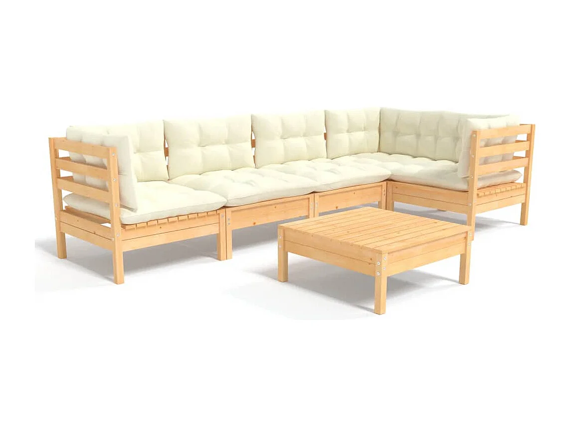 6-tlg. Garten-Lounge-Set mit Creme Kissen Kiefernholz