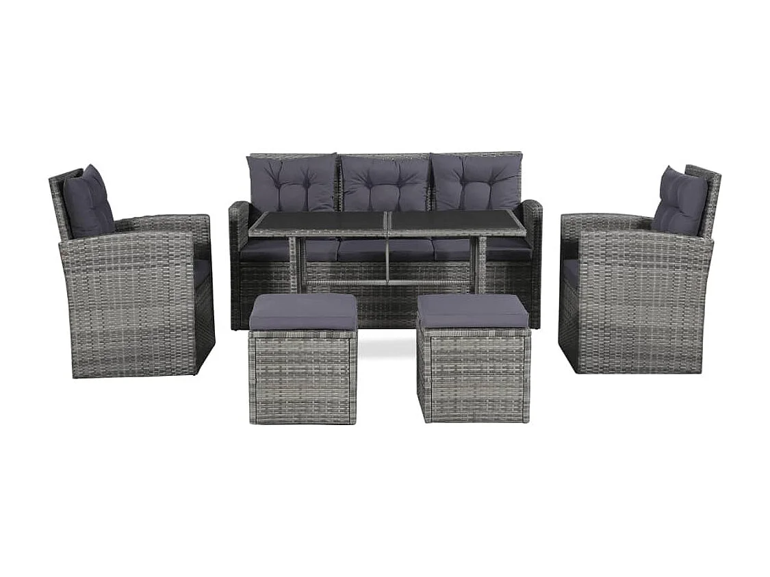 Salon de jardin 6 pcs avec coussins résine tressée gris