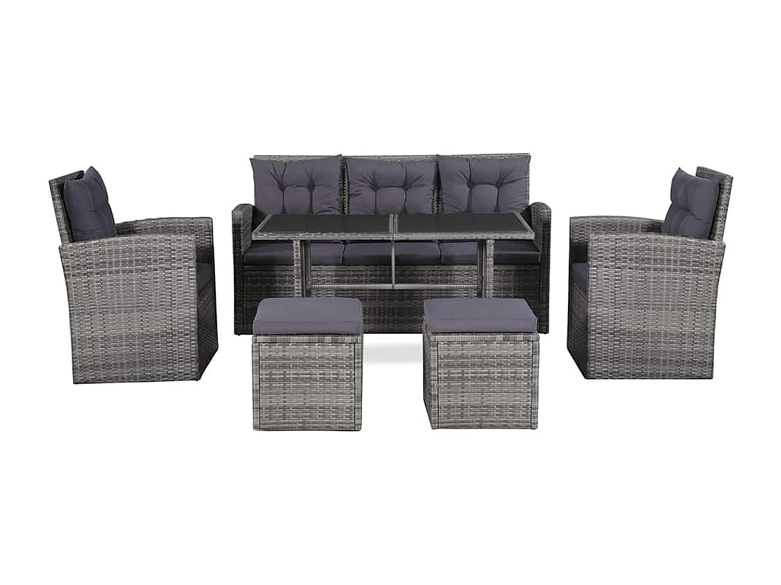 Salon de jardin 6 pcs avec coussins résine tressée gris