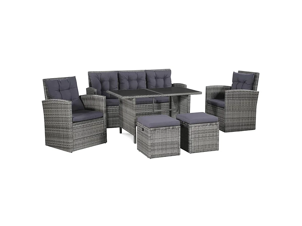 6 pcs conjunto lounge de jardim c/ almofadões vime PE cinzento