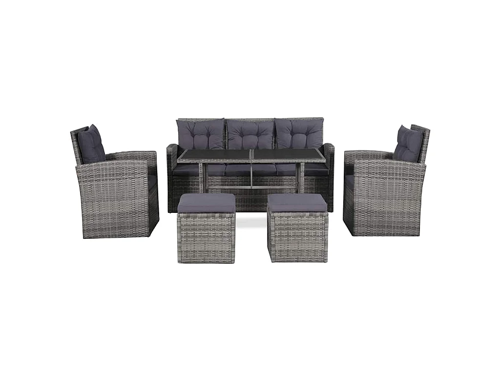 6 pcs conjunto lounge de jardim c/ almofadões vime PE cinzento