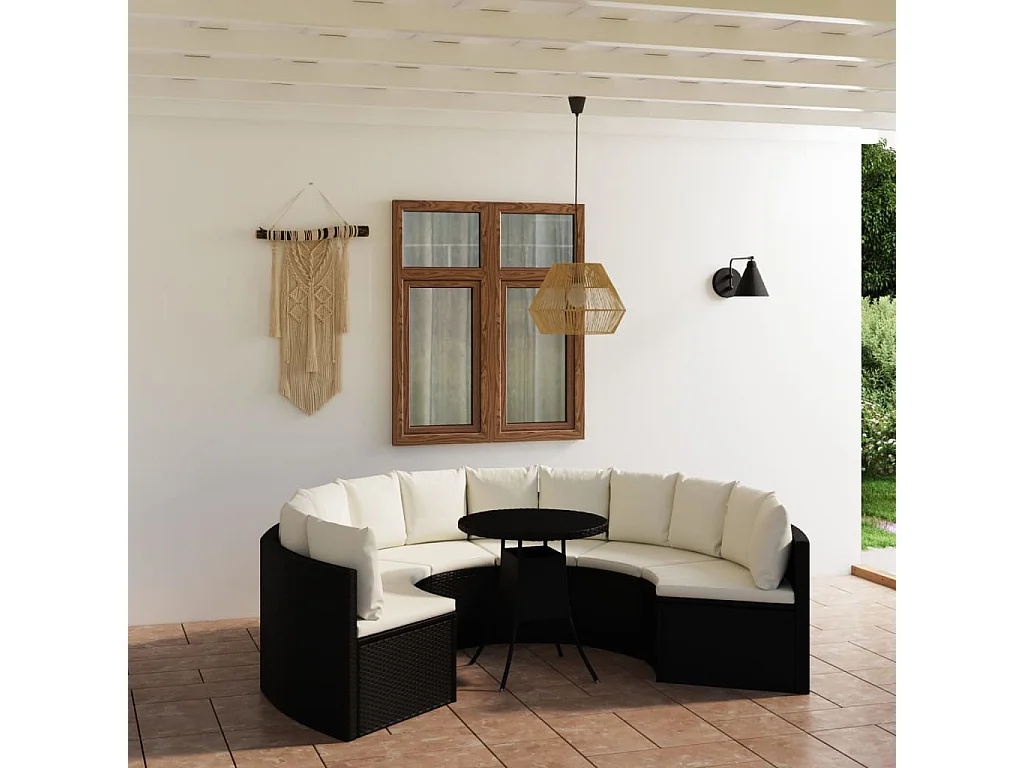 Salon de jardin 7 pcs avec coussins Résine tressée Noir