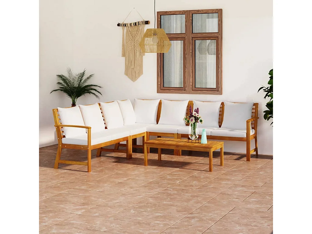 Set Divani da Giardino 6 pz con Cuscini Crema in Legno Acacia