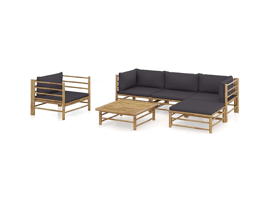 Salon de jardin 6 pcs avec coussins gris foncé bambou