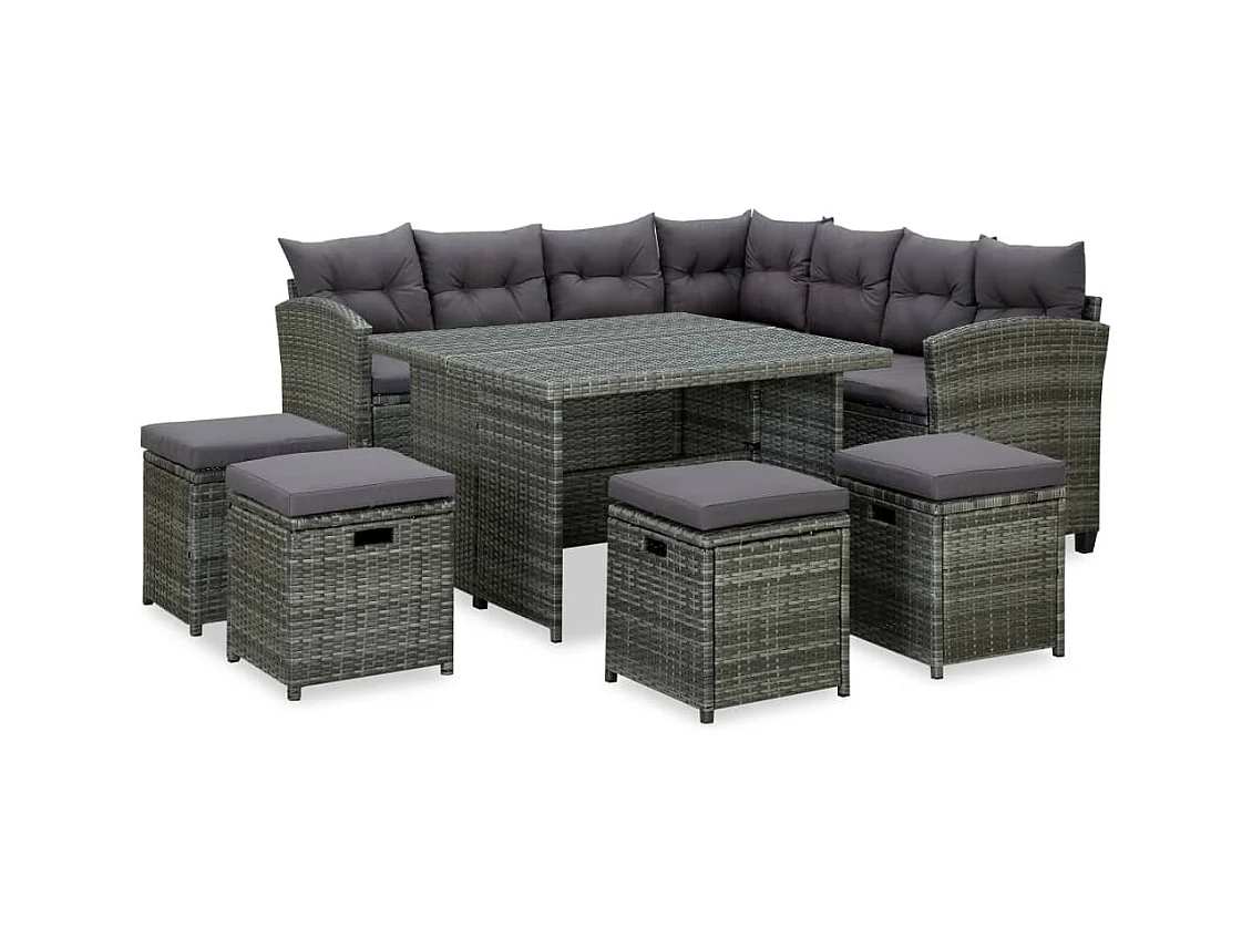 6-delige Loungeset met kussens poly rattan grijs