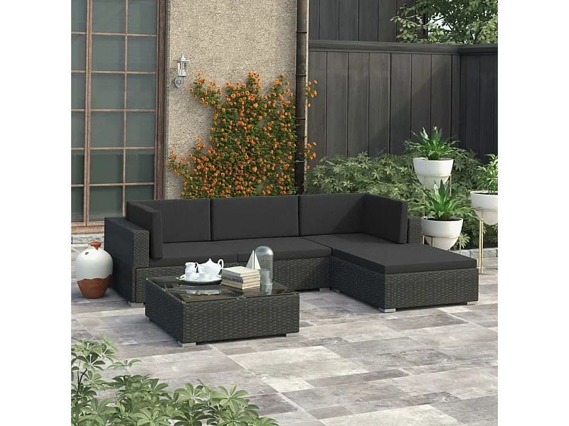 5-tlg. Garten-Lounge-Set mit Kissen Poly Rattan Schwarz