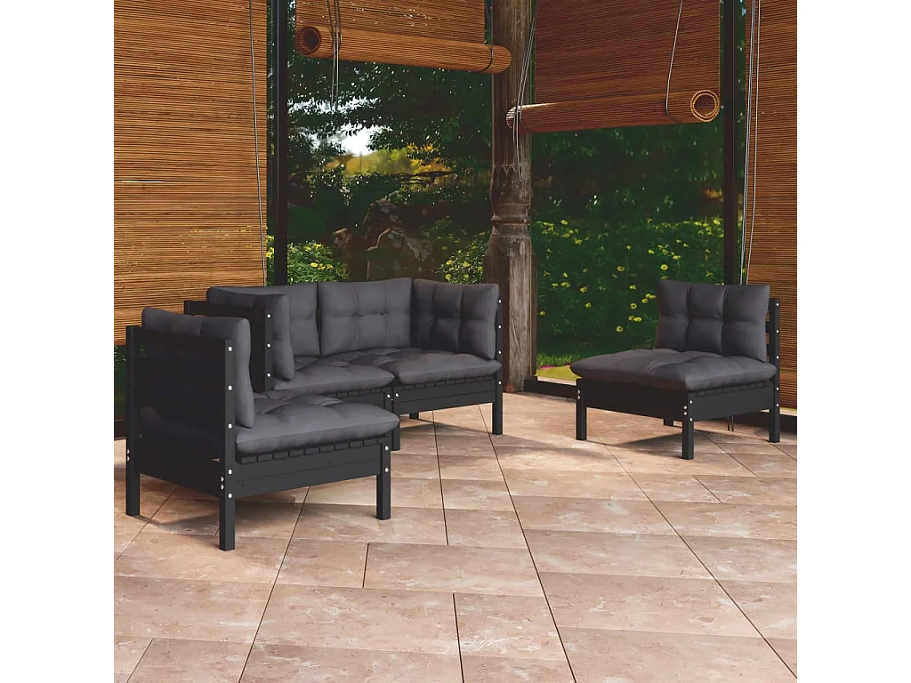 4 pcs conjunto lounge jardim c/ almofadões pinho maciço