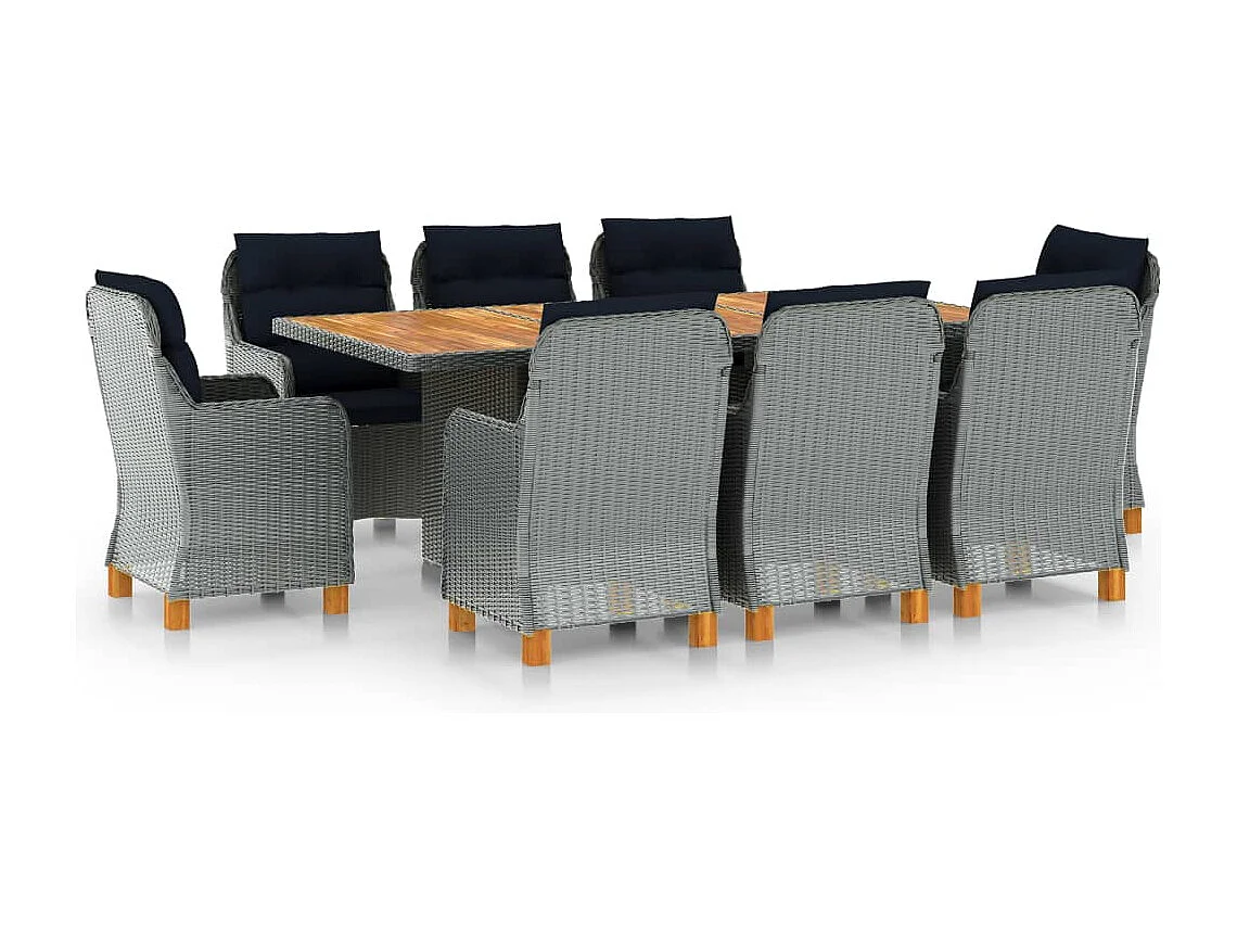 Ensemble à manger d'extérieur et coussins 9 pcs résine tressée