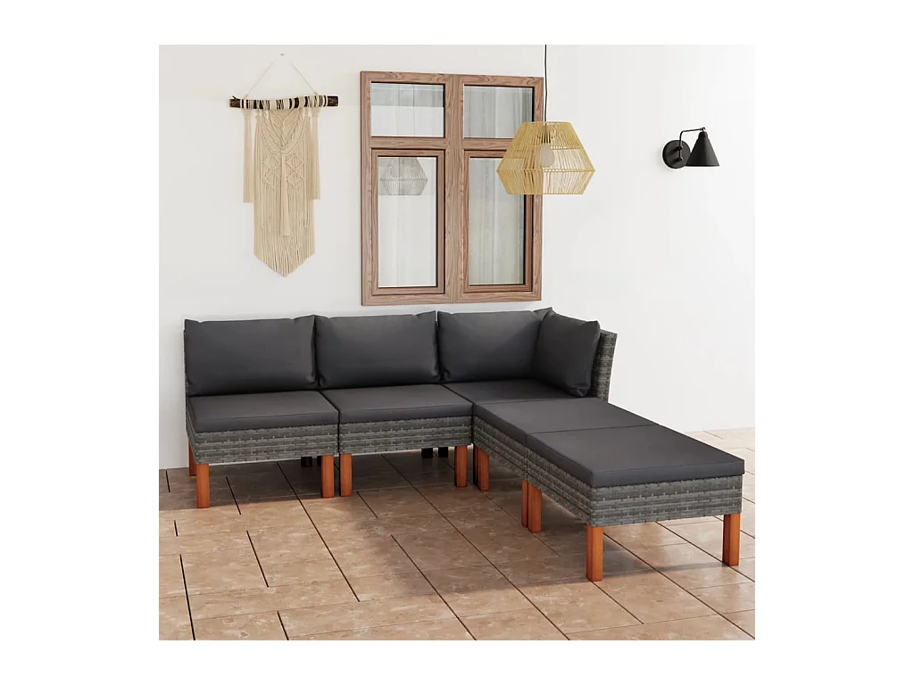 Salon de jardin 5 pcs avec coussins Résine tressée Gris