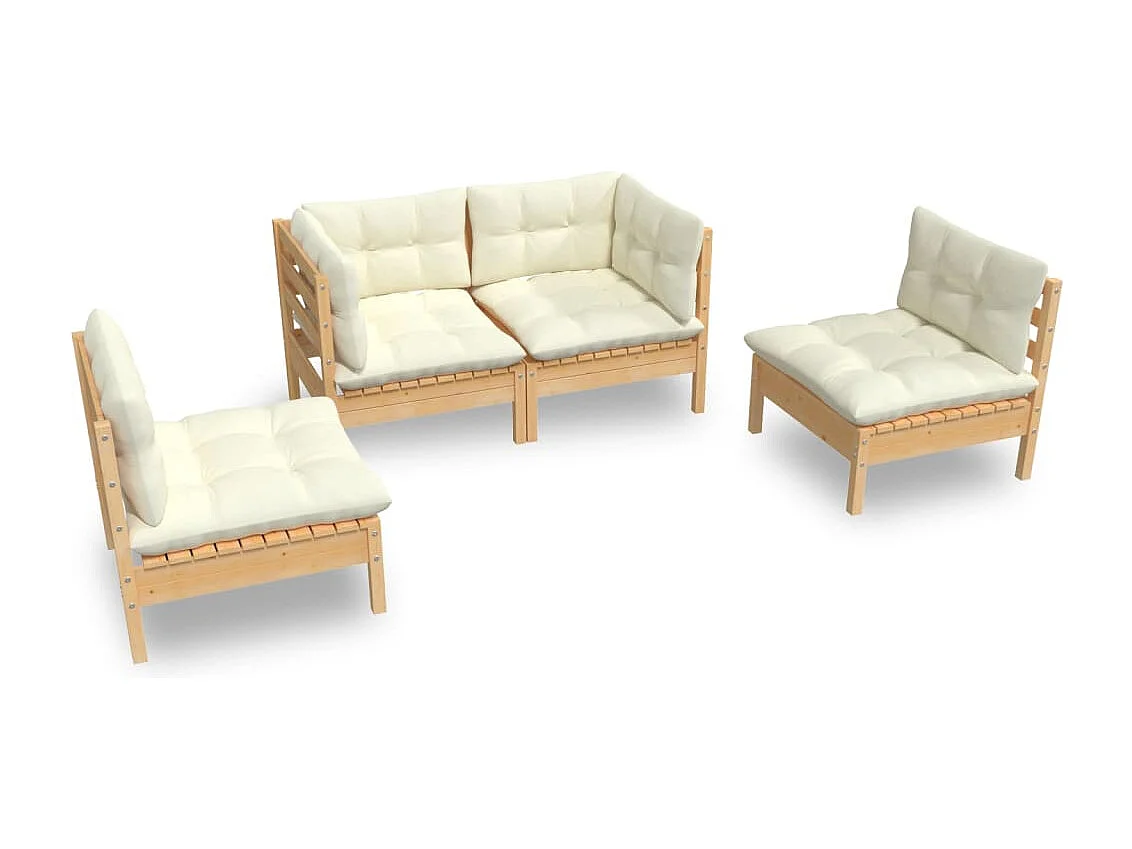 4-delige Loungeset met crèmekleurige kussens massief grenenhout