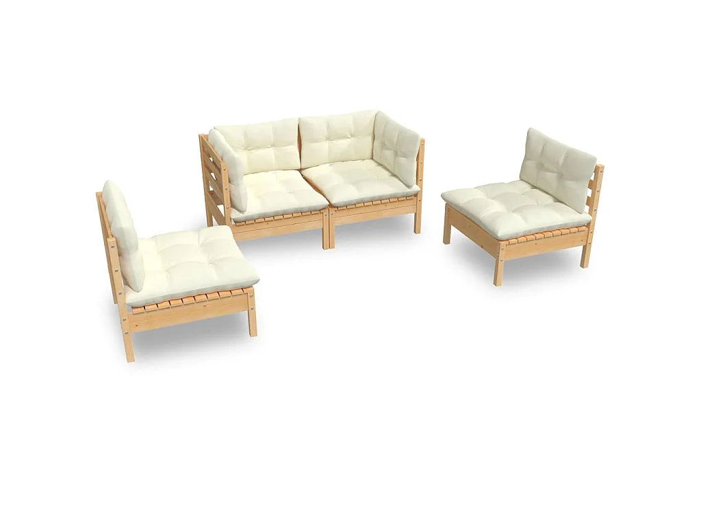 4-tlg. Garten-Lounge-Set mit Creme Kissen Massivholz Kiefer