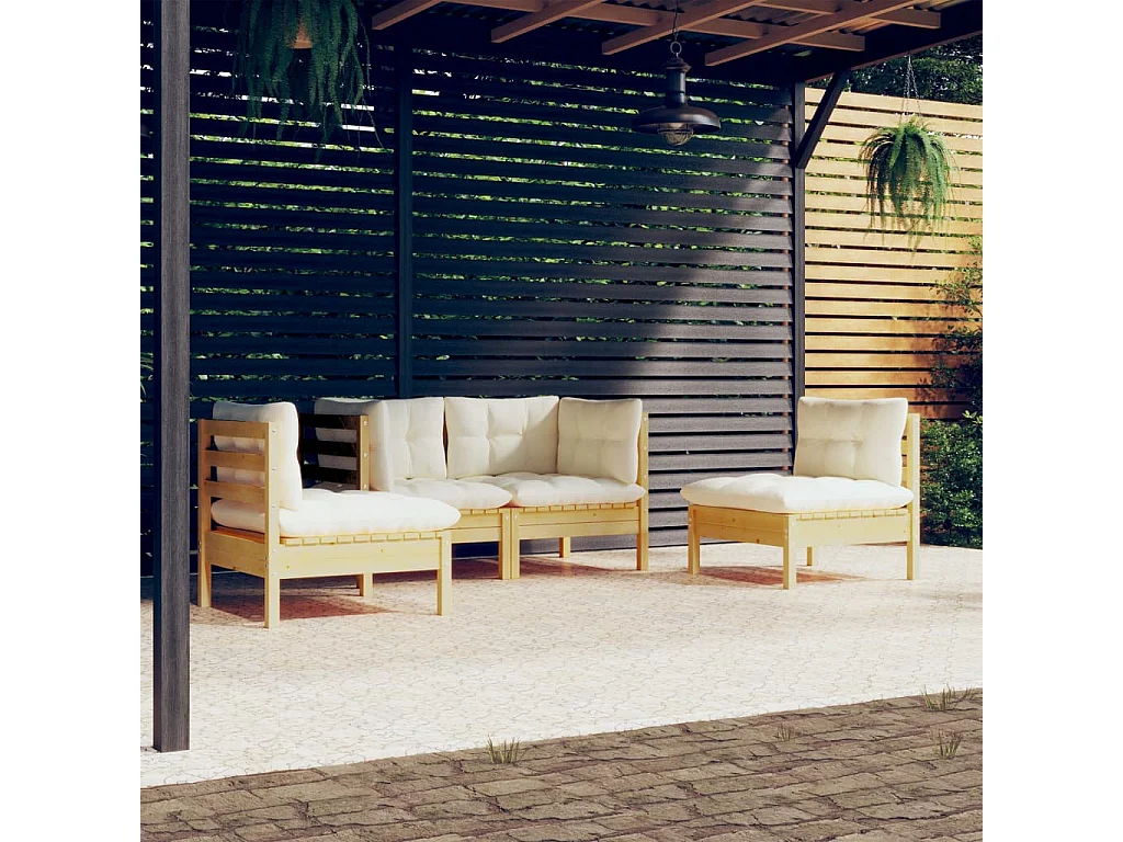 4-tlg. Garten-Lounge-Set mit Creme Kissen Massivholz Kiefer