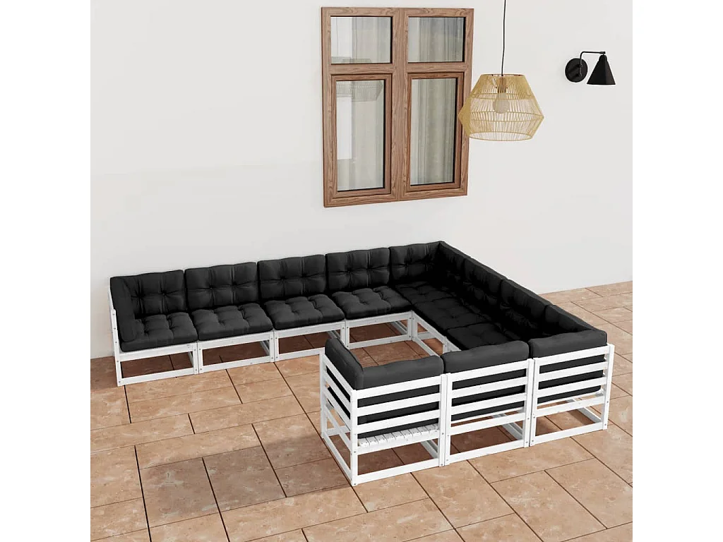 10-delige Loungeset met kussens massief grenenhout wit