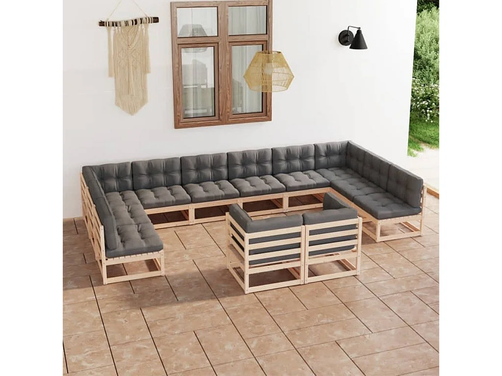 12-tlg. Garten-Lounge-Set mit Kissen Massivholz Kiefer