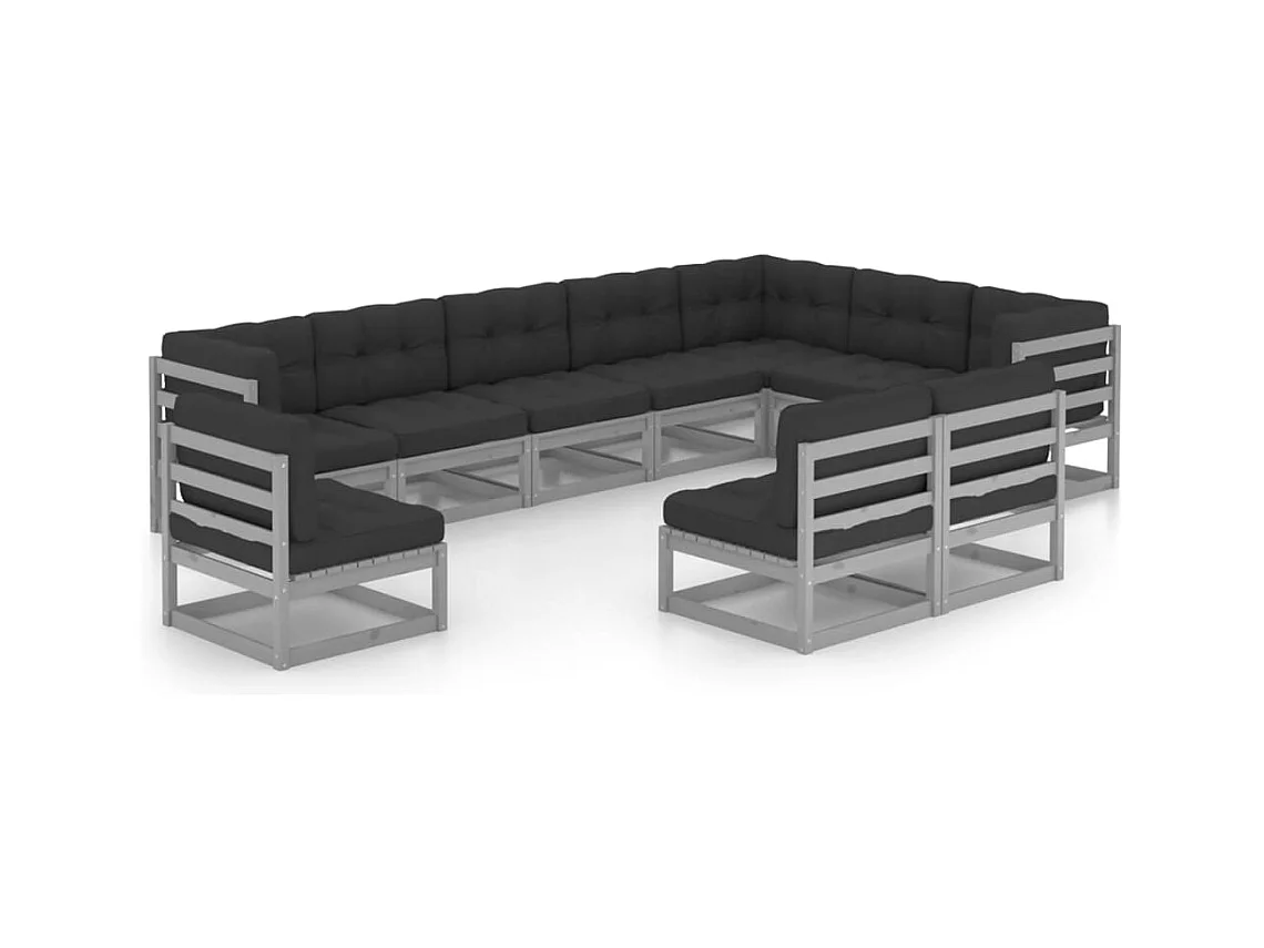 Salon de jardin 10 pcs avec coussins Gris Bois de pin massif
