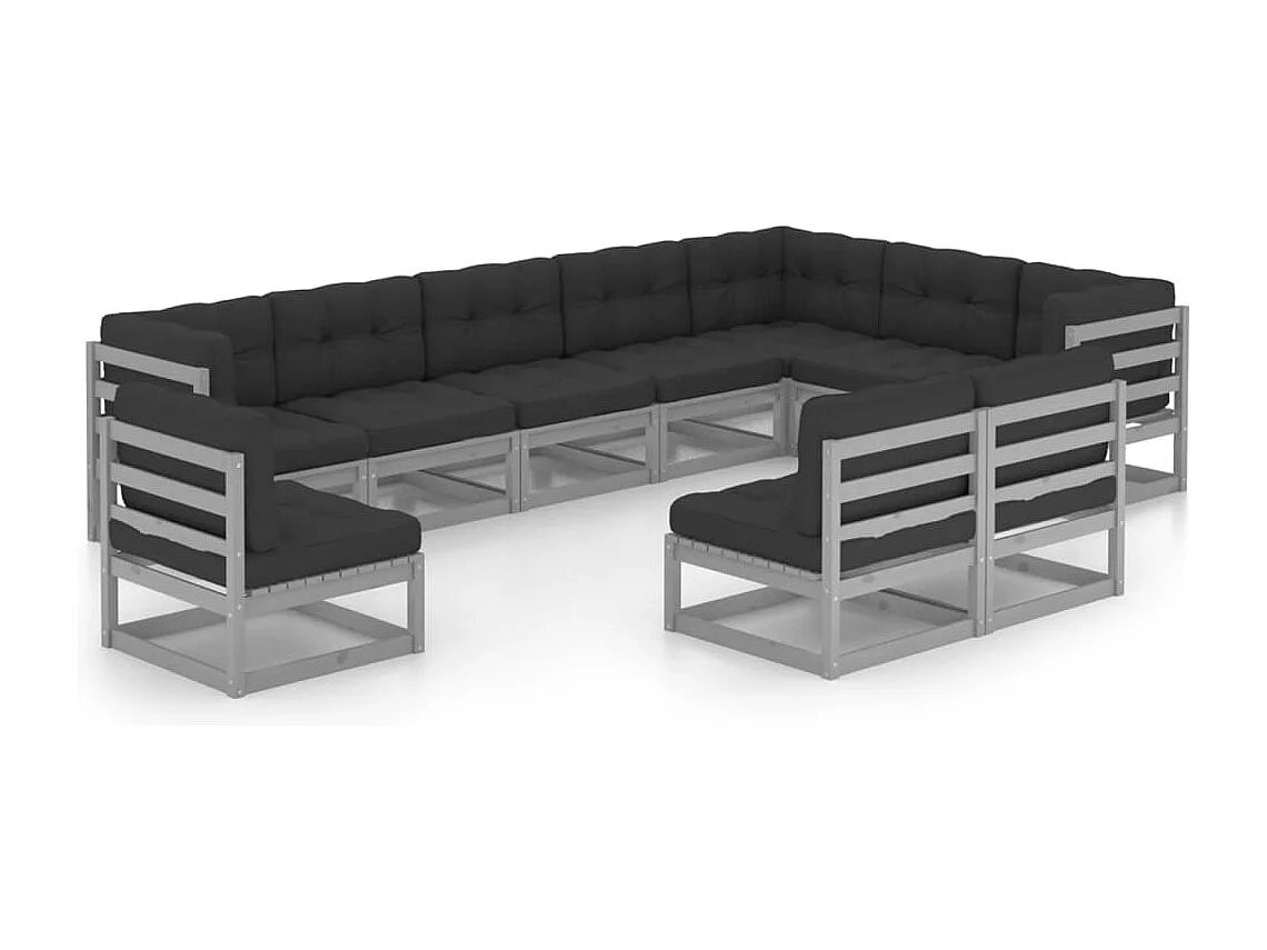 10pcs conjunto lounge de jardim + almofadões pinho maciço cinza