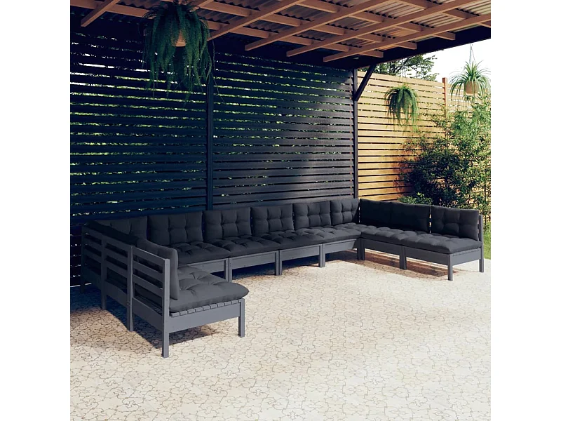 10-delige Loungeset met kussens massief grenenhout grijs