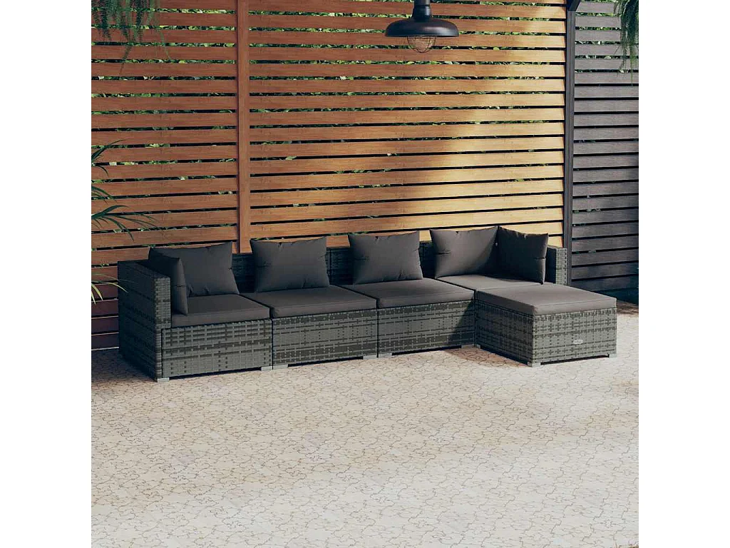 5 pcs conjunto lounge de jardim c/ almofadões vime PE cinzento