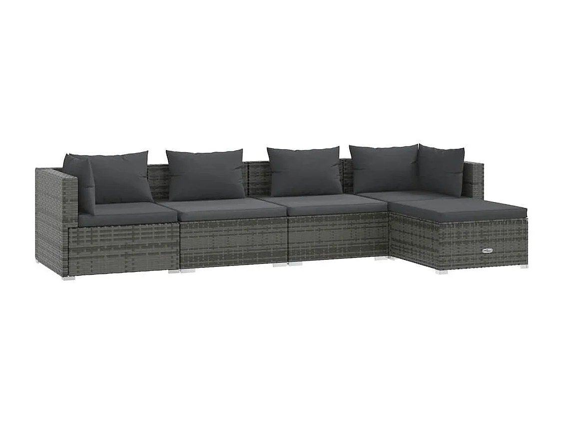 5 pcs conjunto lounge de jardim c/ almofadões vime PE cinzento