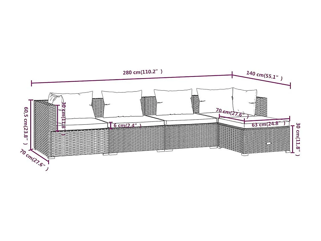 5 pcs conjunto lounge de jardim c/ almofadões vime PE cinzento