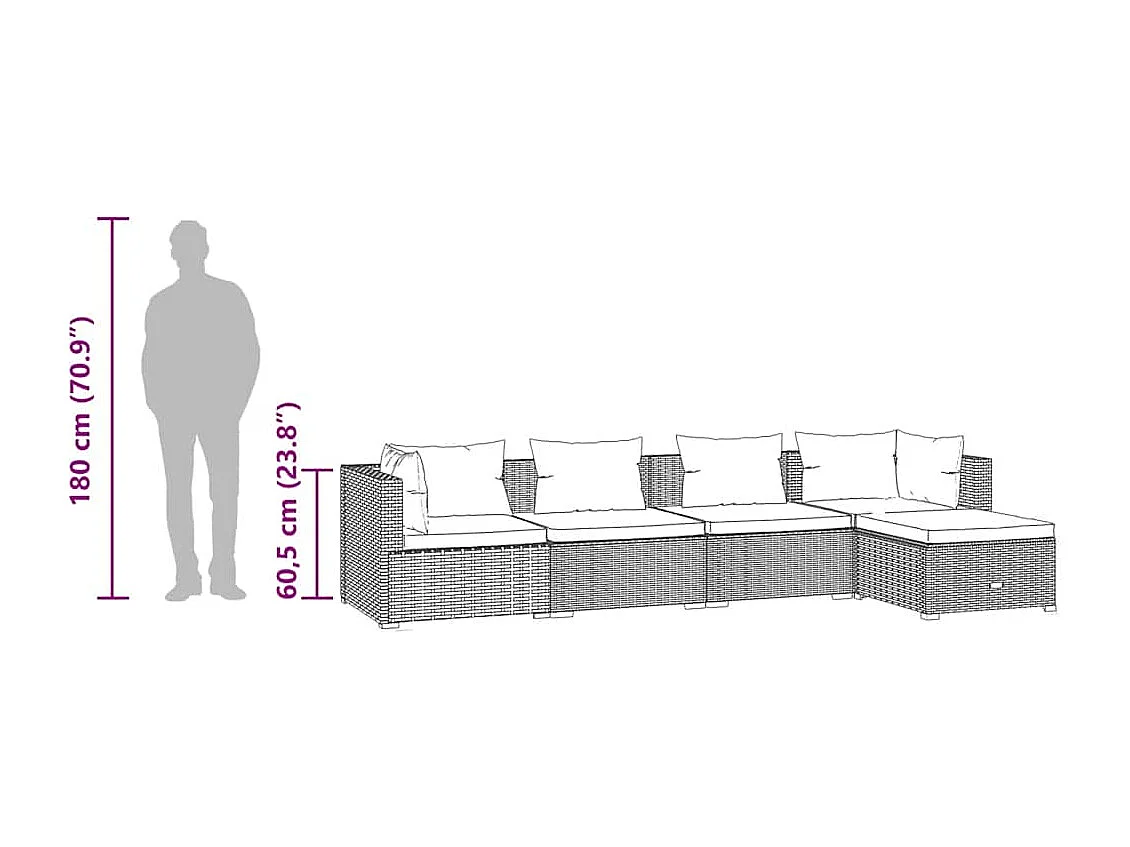 5 pcs conjunto lounge de jardim c/ almofadões vime PE cinzento