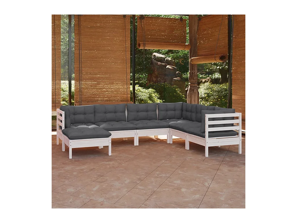 Set Divani da Giardino 7 pz con Cuscini Bianchi Legno di Pino