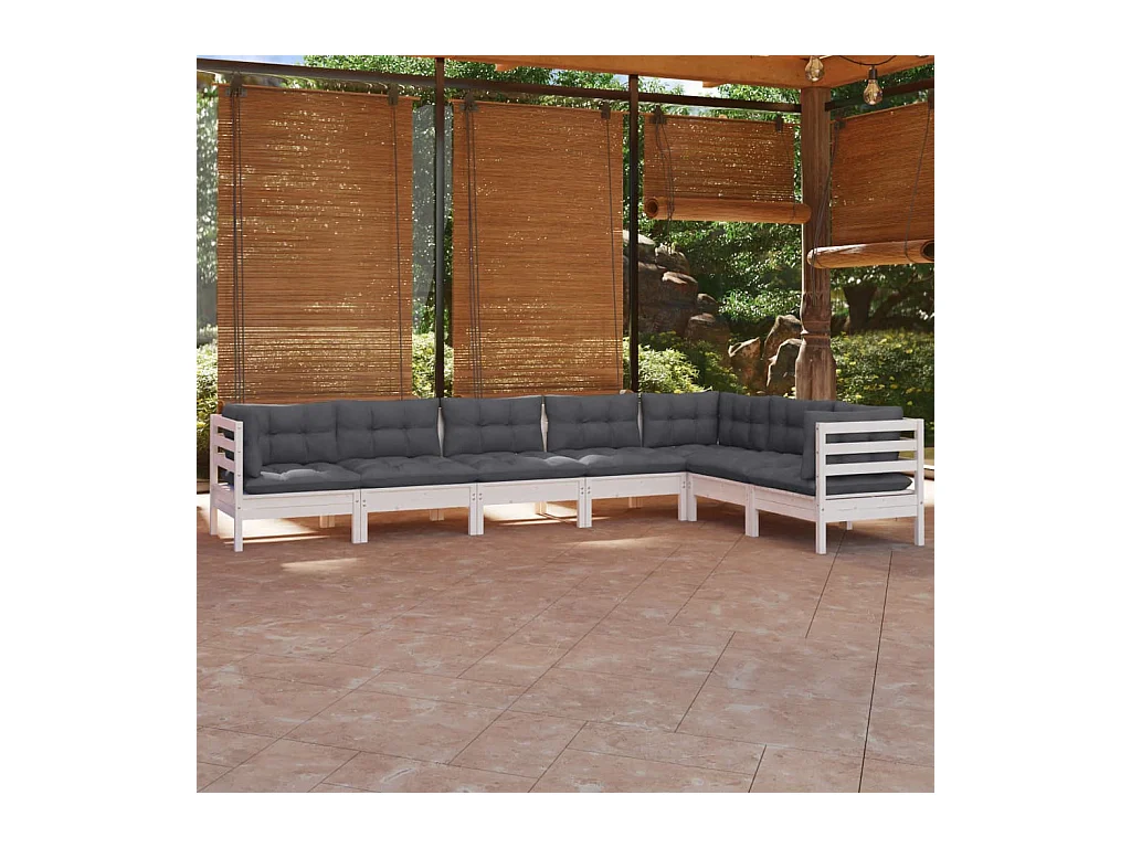 Salon de jardin 7 pcs avec coussins blanc bois de pin massif