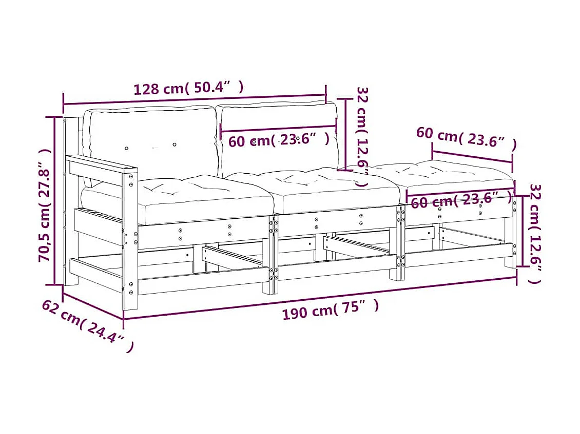 3-tlg. Garten-Lounge-Set mit Kissen Schwarz Massivholz