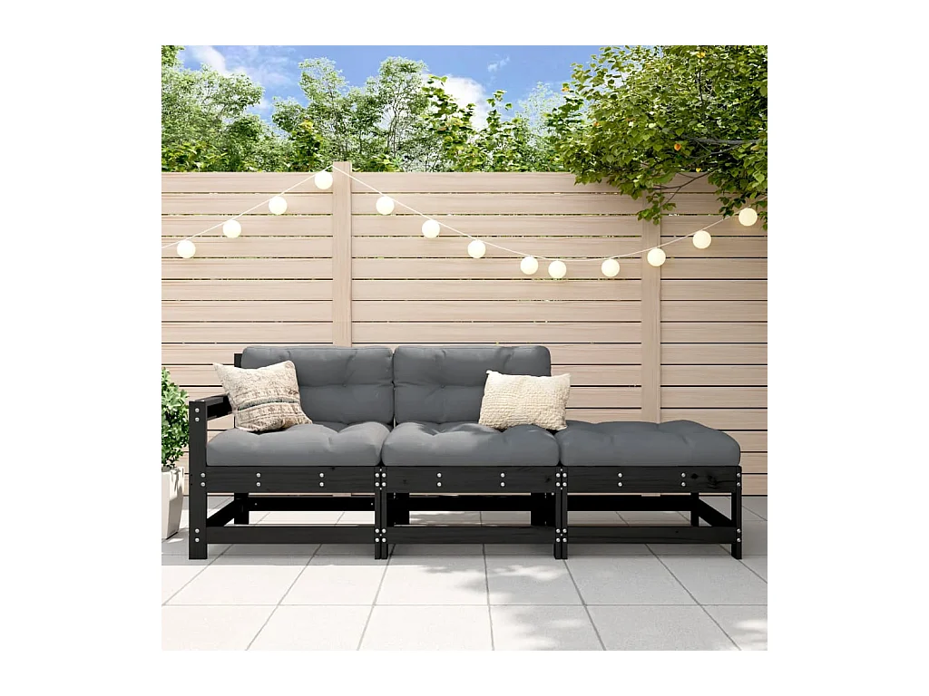 Salon de jardin 3 pcs avec coussins noir bois massif