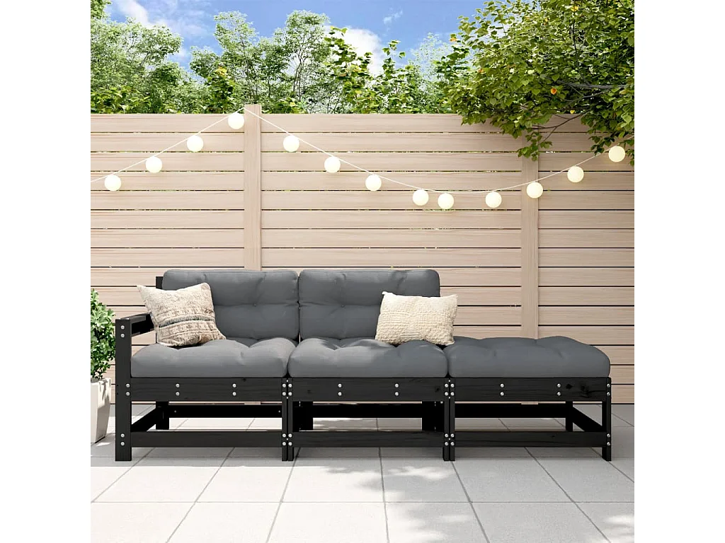 Salon de jardin 3 pcs avec coussins noir bois massif