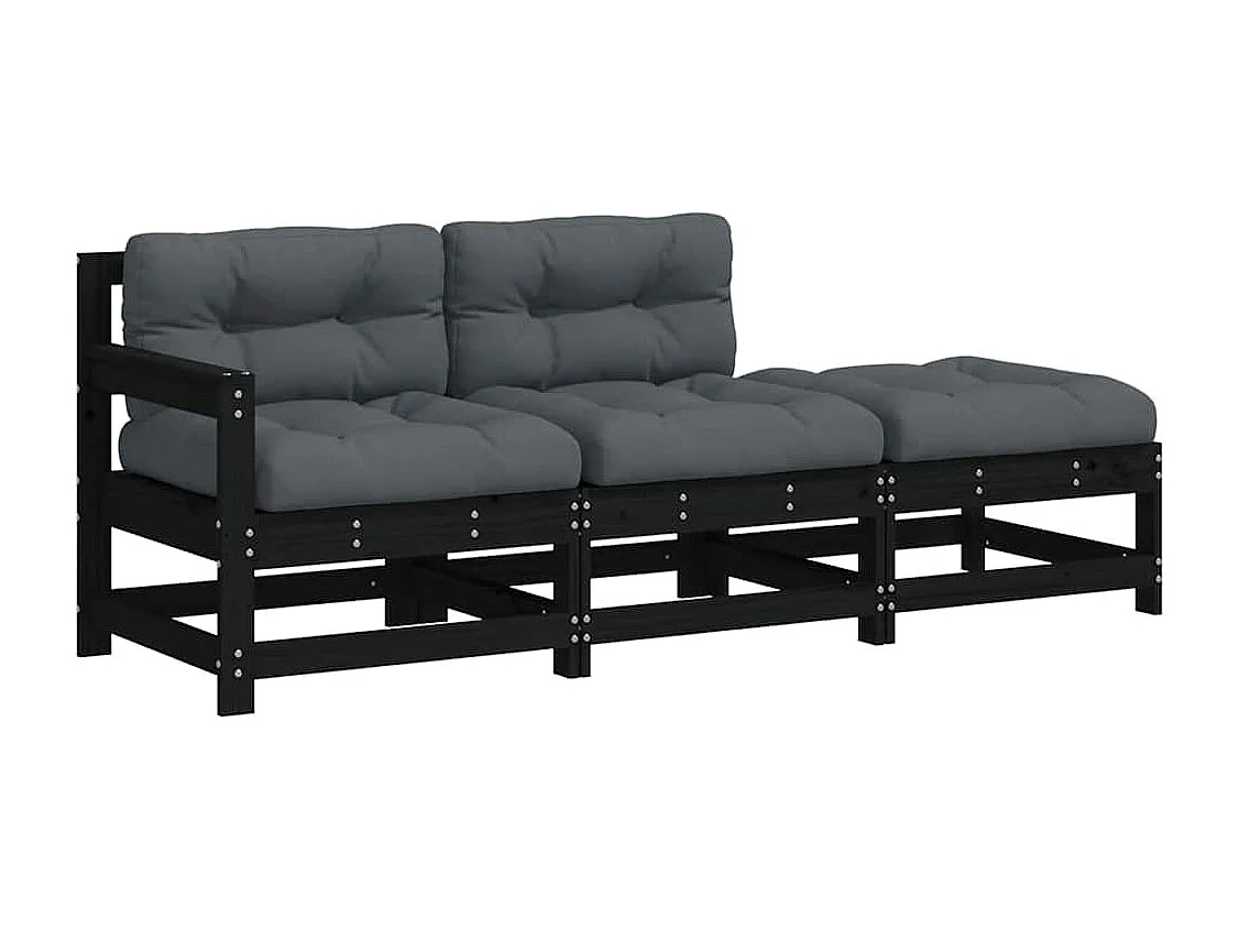 Salon de jardin 3 pcs avec coussins noir bois massif