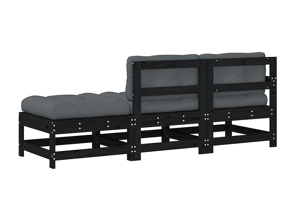 Salon de jardin 3 pcs avec coussins noir bois massif