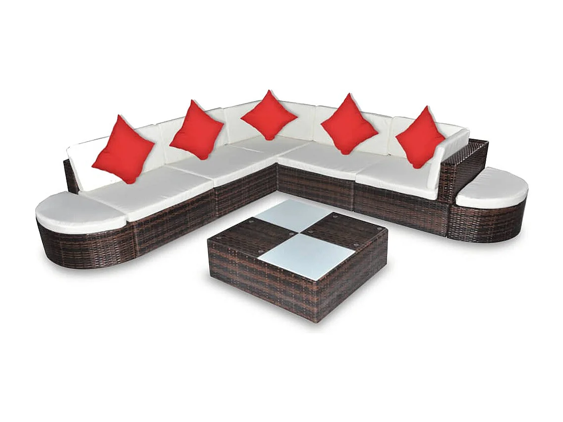 Salon de jardin 8 pcs avec coussins résine tressée marron