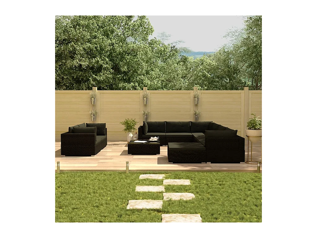 Salon de jardin 10 pcs avec coussins Résine tressée Noir