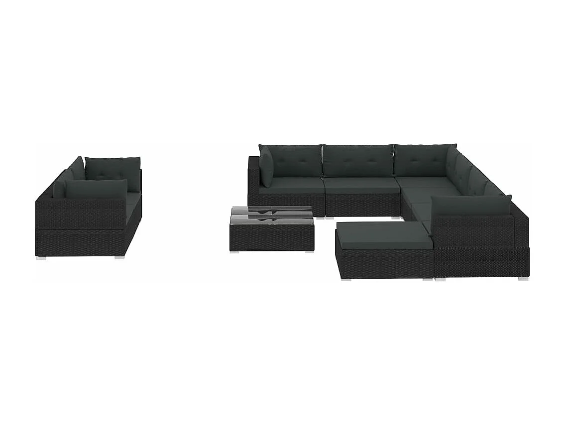 Salon de jardin 10 pcs avec coussins Résine tressée Noir