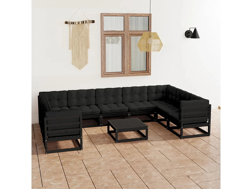 Salon de jardin 10 pcs avec coussins Noir Bois de pin massif