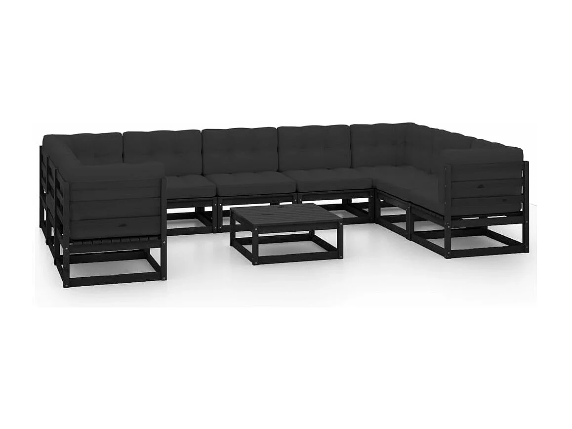 Salon de jardin 10 pcs avec coussins Noir Bois de pin massif
