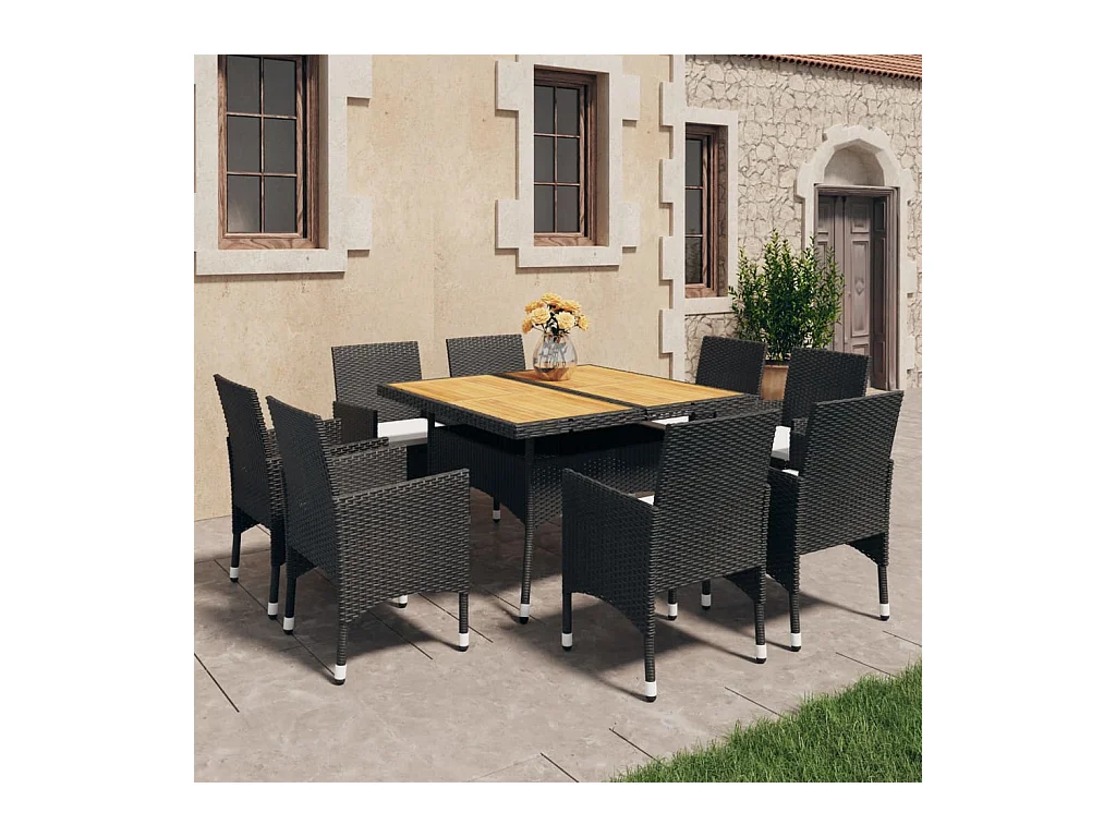 9-tlg. Garten-Essgruppe Poly Rattan Akazie Massivholz Schwarz