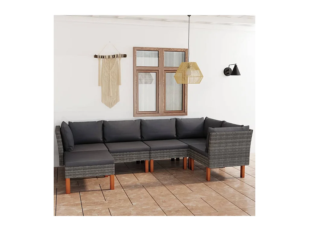 6-tlg. Garten-Lounge-Set mit Kissen Poly Rattan Grau