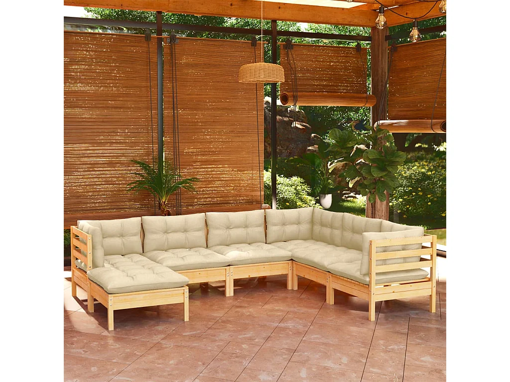 7 pcs conjunto lounge jardim c/ almofadões creme pinho maciço