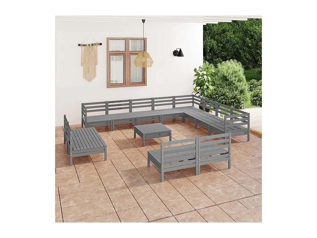 Salon de jardin 13 pcs Bois de pin massif Gris
