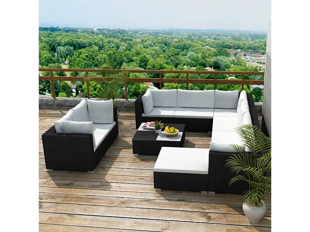 Set muebles de jardín 10 piezas y cojines ratán sintético negro