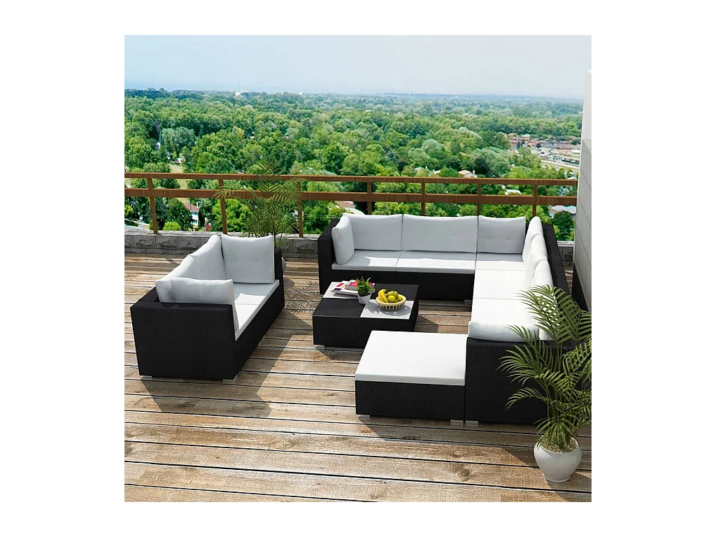 Set Divani da Giardino 10 pz con Cuscini in Polyrattan Nero