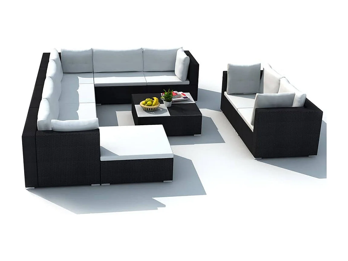 Salon de jardin 10 pcs avec coussins Résine tressée Noir