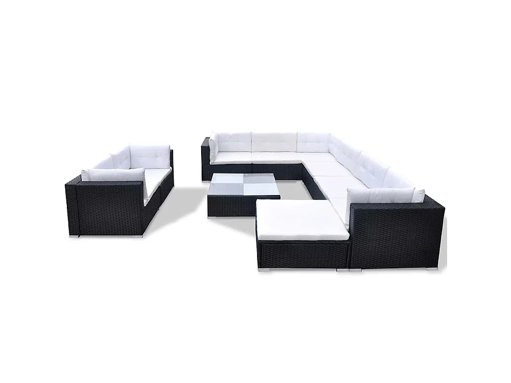 10-delige Loungeset met kussens poly rattan zwart