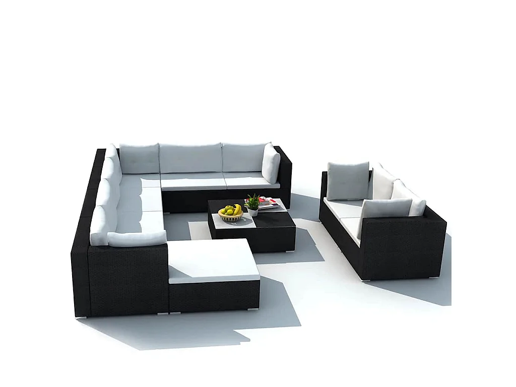 10-delige Loungeset met kussens poly rattan zwart
