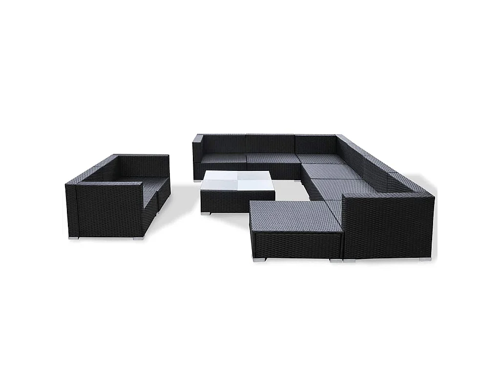 10-delige Loungeset met kussens poly rattan zwart
